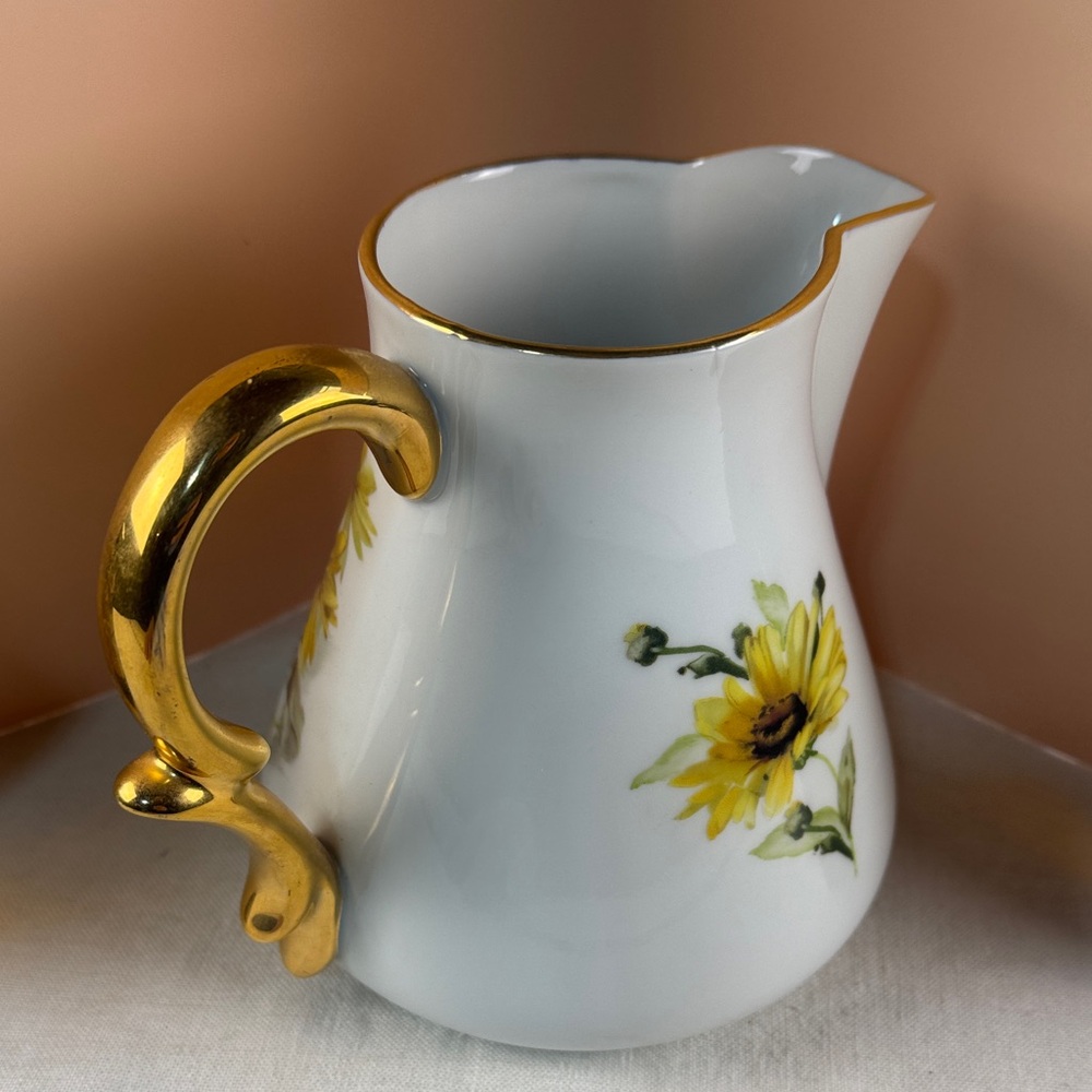 Rita Rauchwerger Hand Painted Floral Pitcher with Gold Handle - Picture 14 of 15